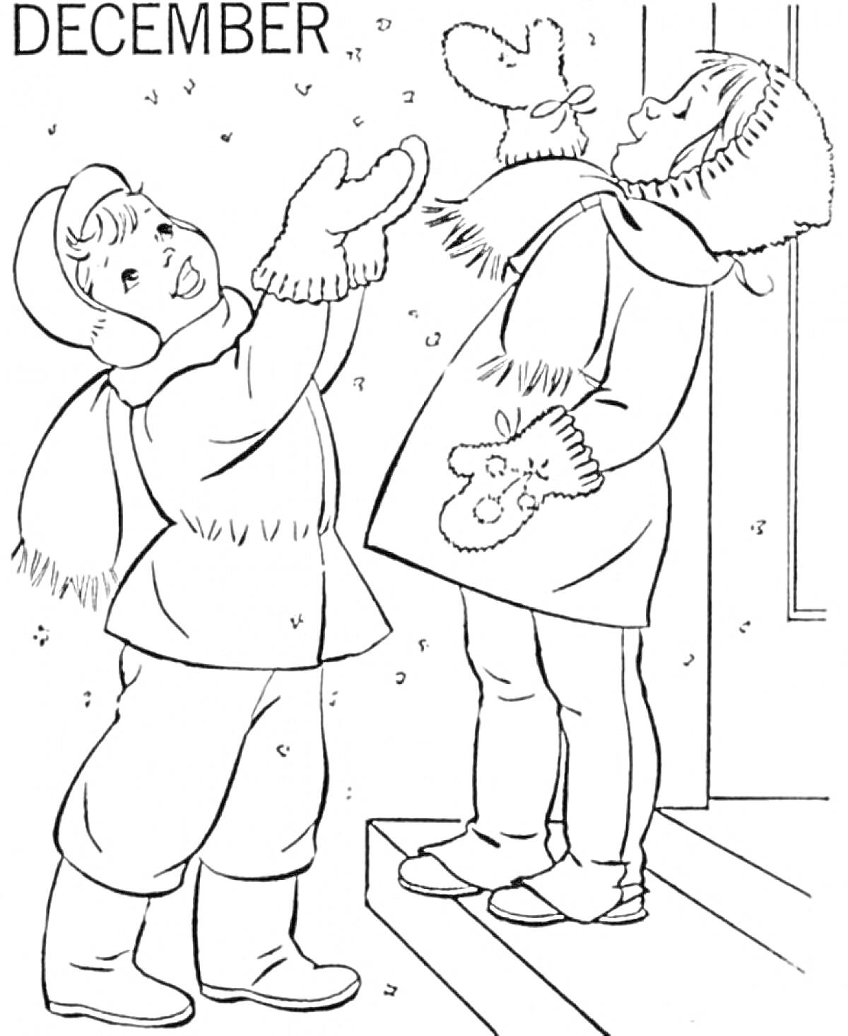 Раскраска Дети любуются выпадающим снегом, выходя из дома.