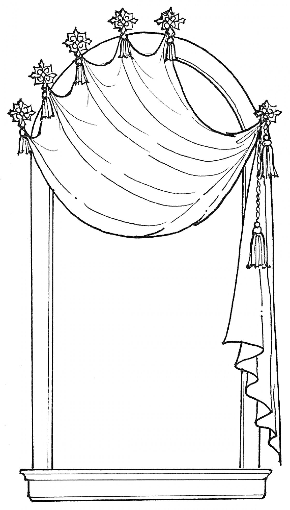 Раскраска Арочный оконный проем со шторами и декоративными элементами в виде звезд на концах