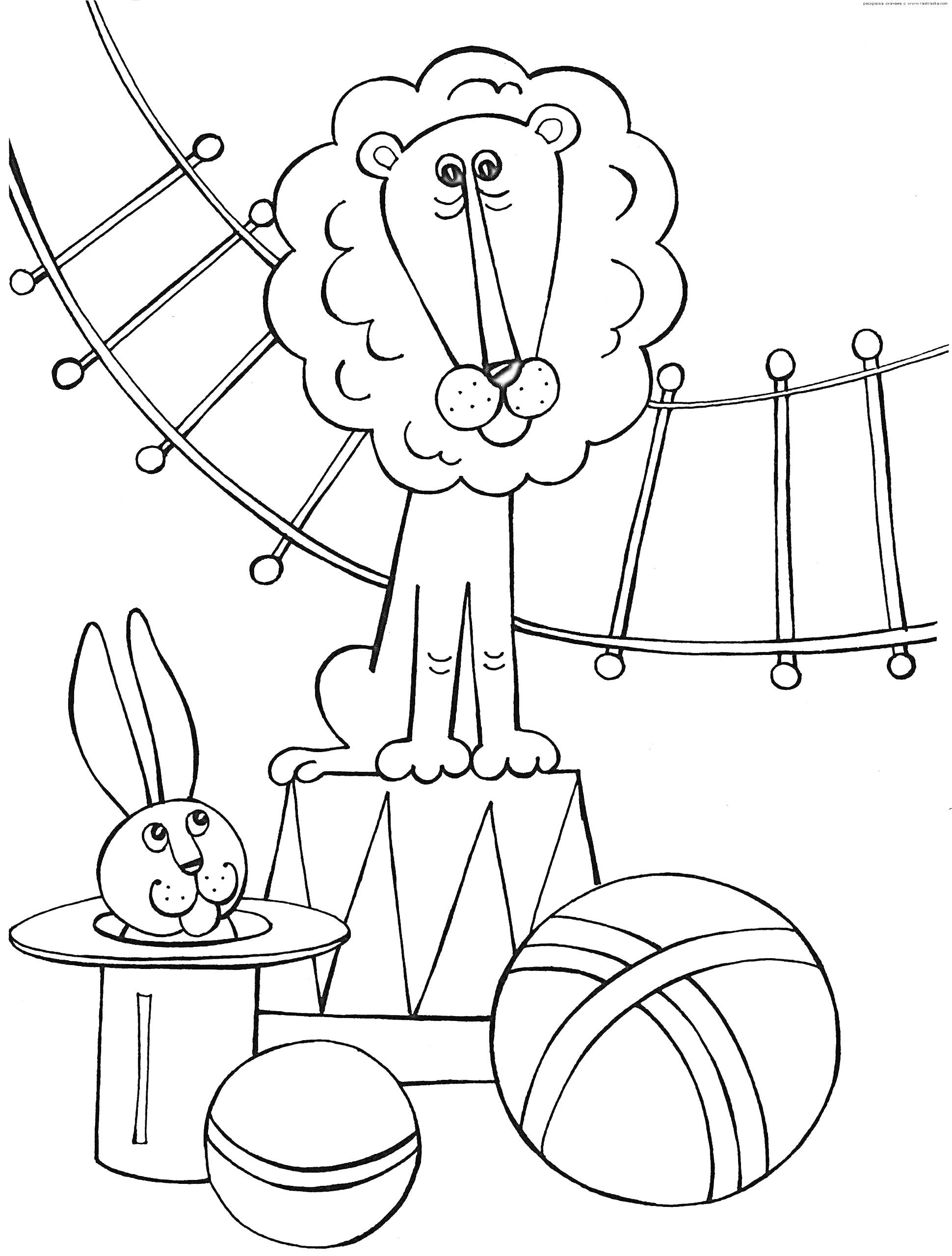 Раскраска Лев на цирковом тумбе, кролик в шляпе, два мяча и трапеция на фоне