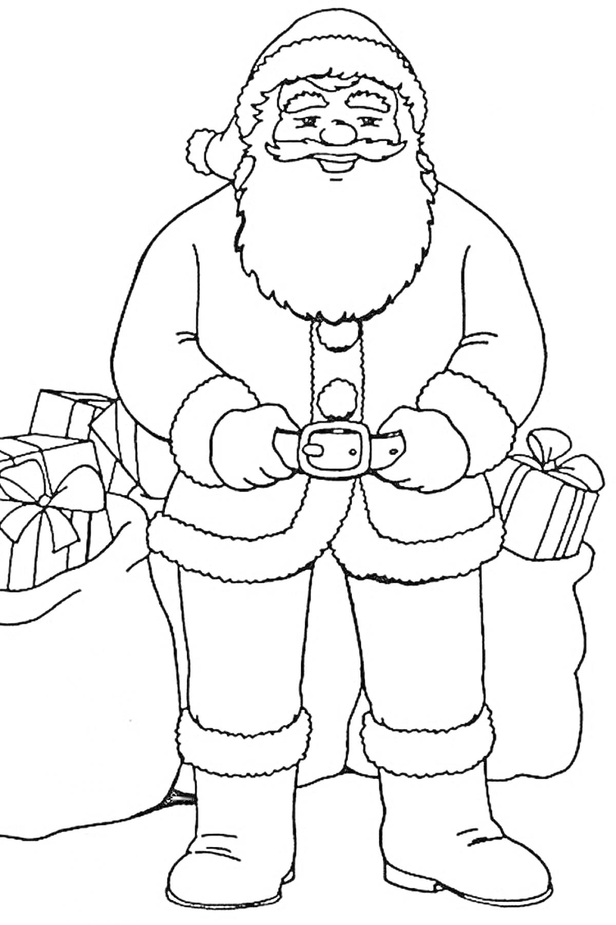 На раскраске изображено: Санта Клаус, Рождество, Подарки, Дед Мороз, Зима, Новый год, Мешки, Праздники