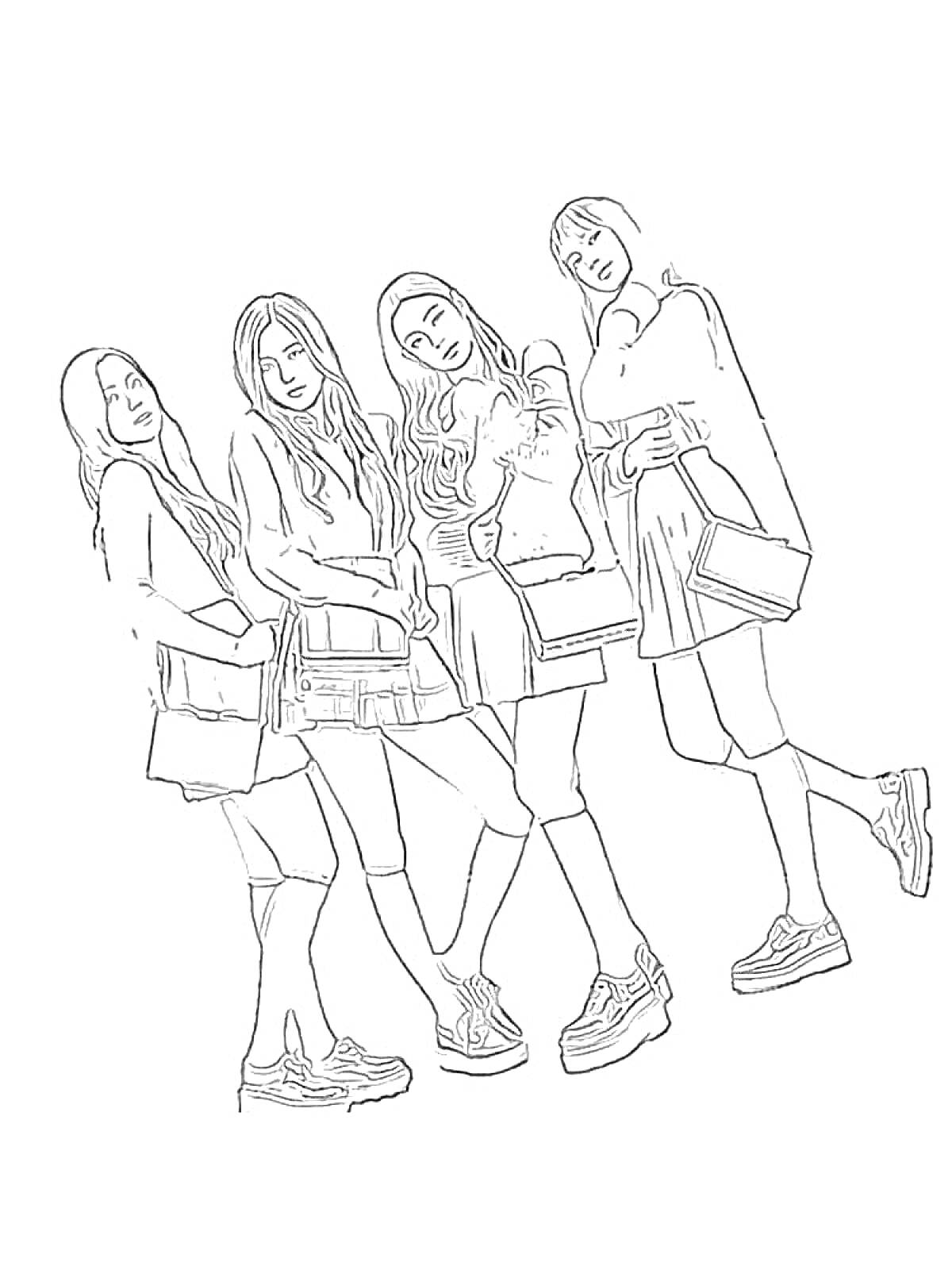 Раскраска Четыре девушки в стиле Blackpink с сумками и кроссовками