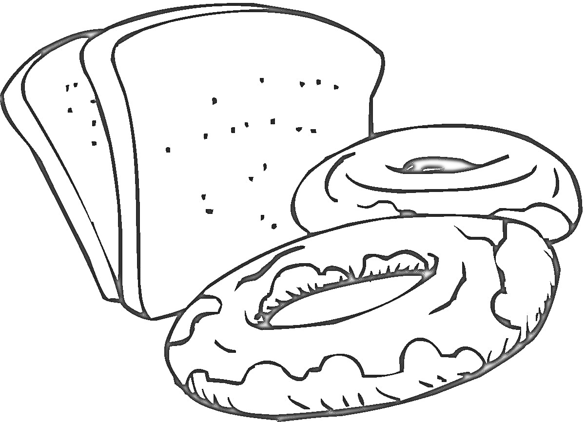 Раскраска Хлеб, пончик и пончик с начинкой