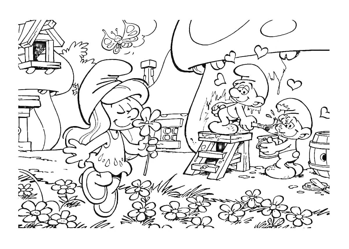 На раскраске изображено: Смурфики, Домик-гриб, Цветы, Бабочка, Любовь, Лес, Природа