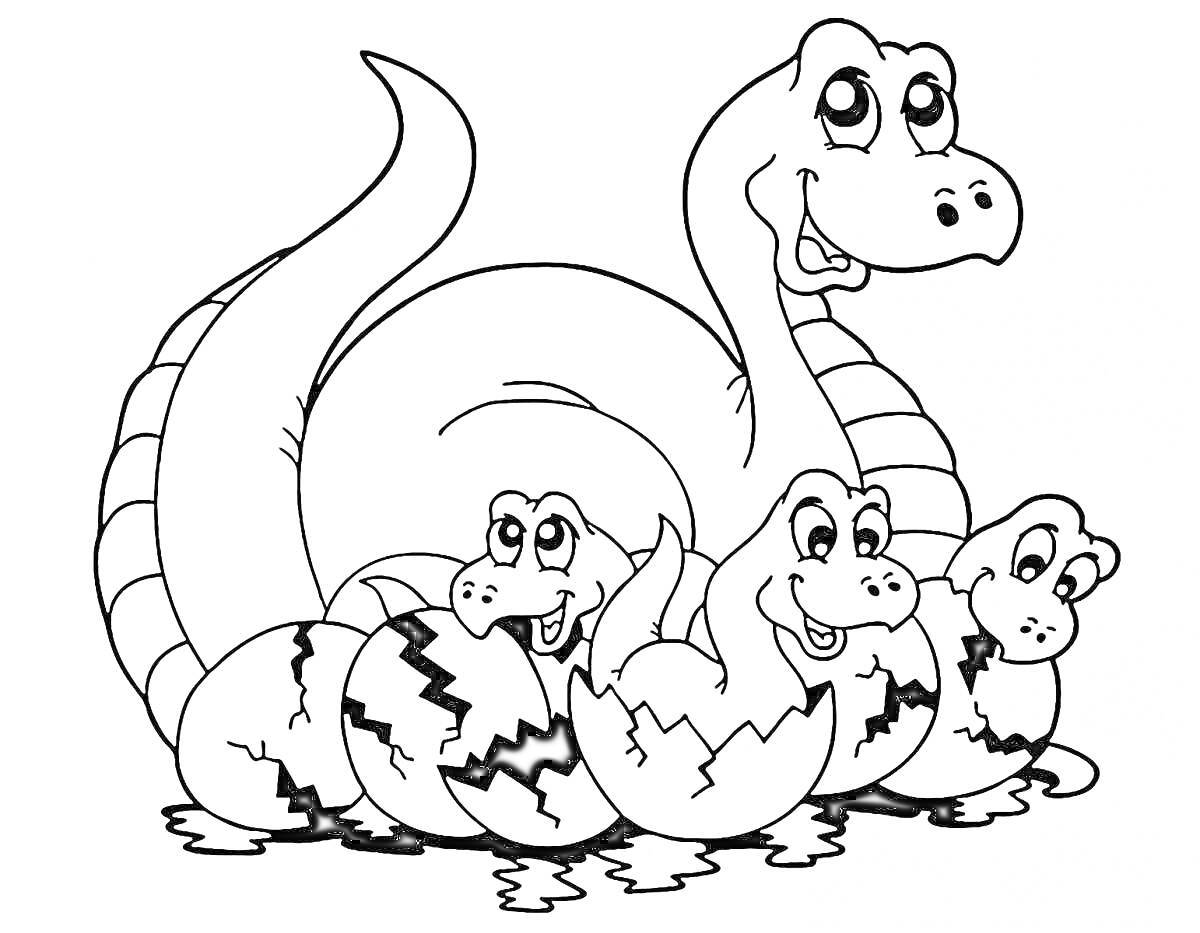 На раскраске изображено: Динозавр, Детеныши, Вылупление