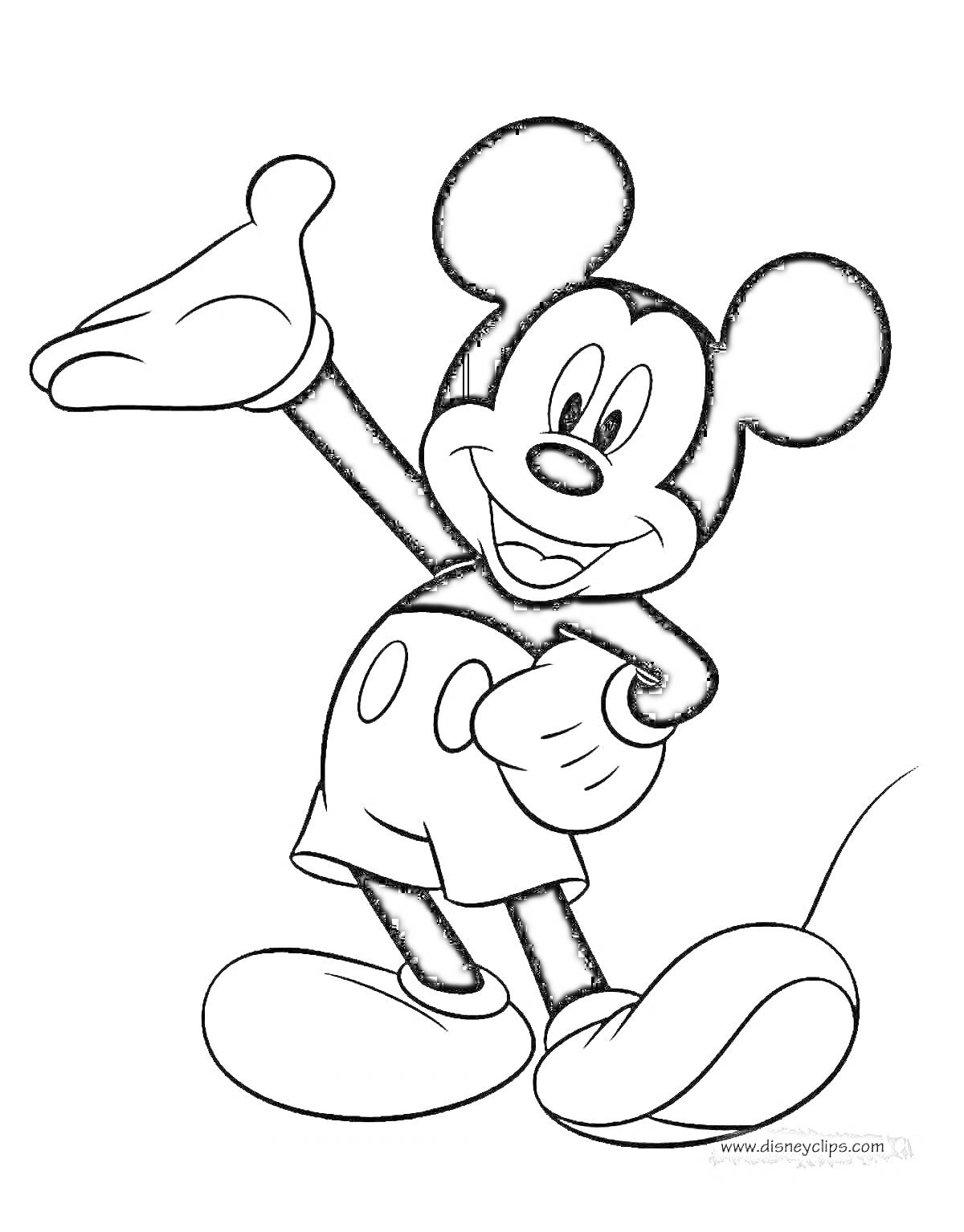 На раскраске изображено: Микки Маус, Мышь, Дисней, Машет рукой