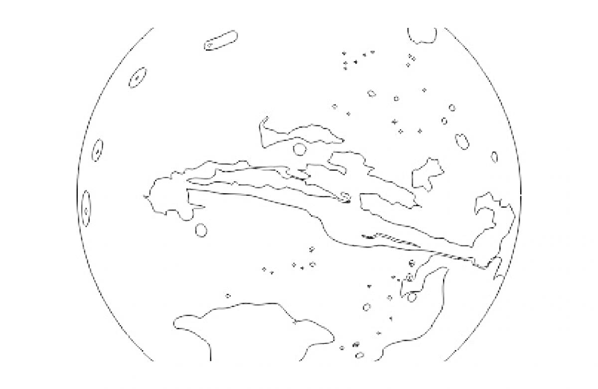 На раскраске изображено: Марс, Кратеры, Горы, Поверхность, Космос, Астрономия, Контурные рисунки
