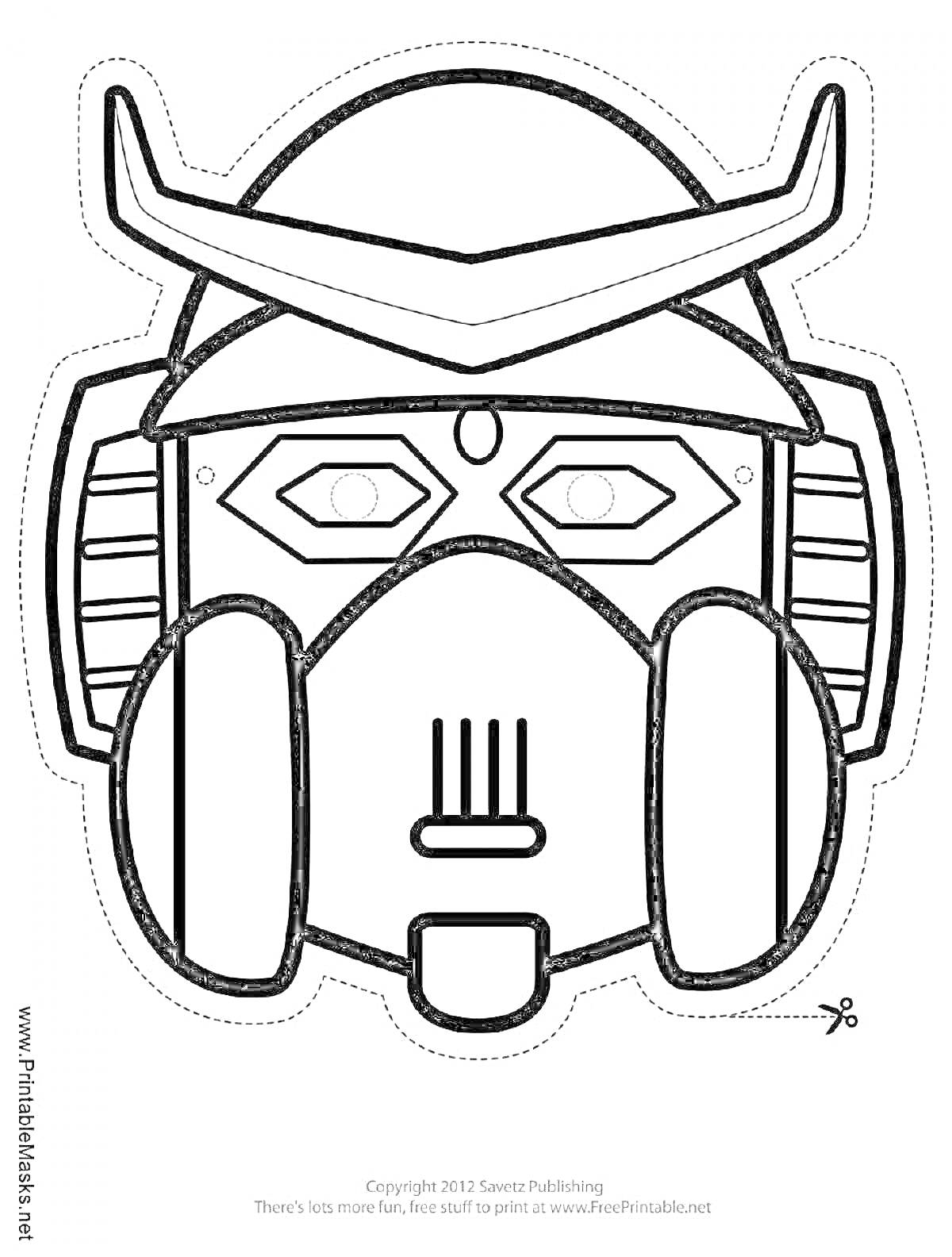 Раскраска Маска робота с антенной, цилиндрическими ушными элементами и защитной лицевой панелью