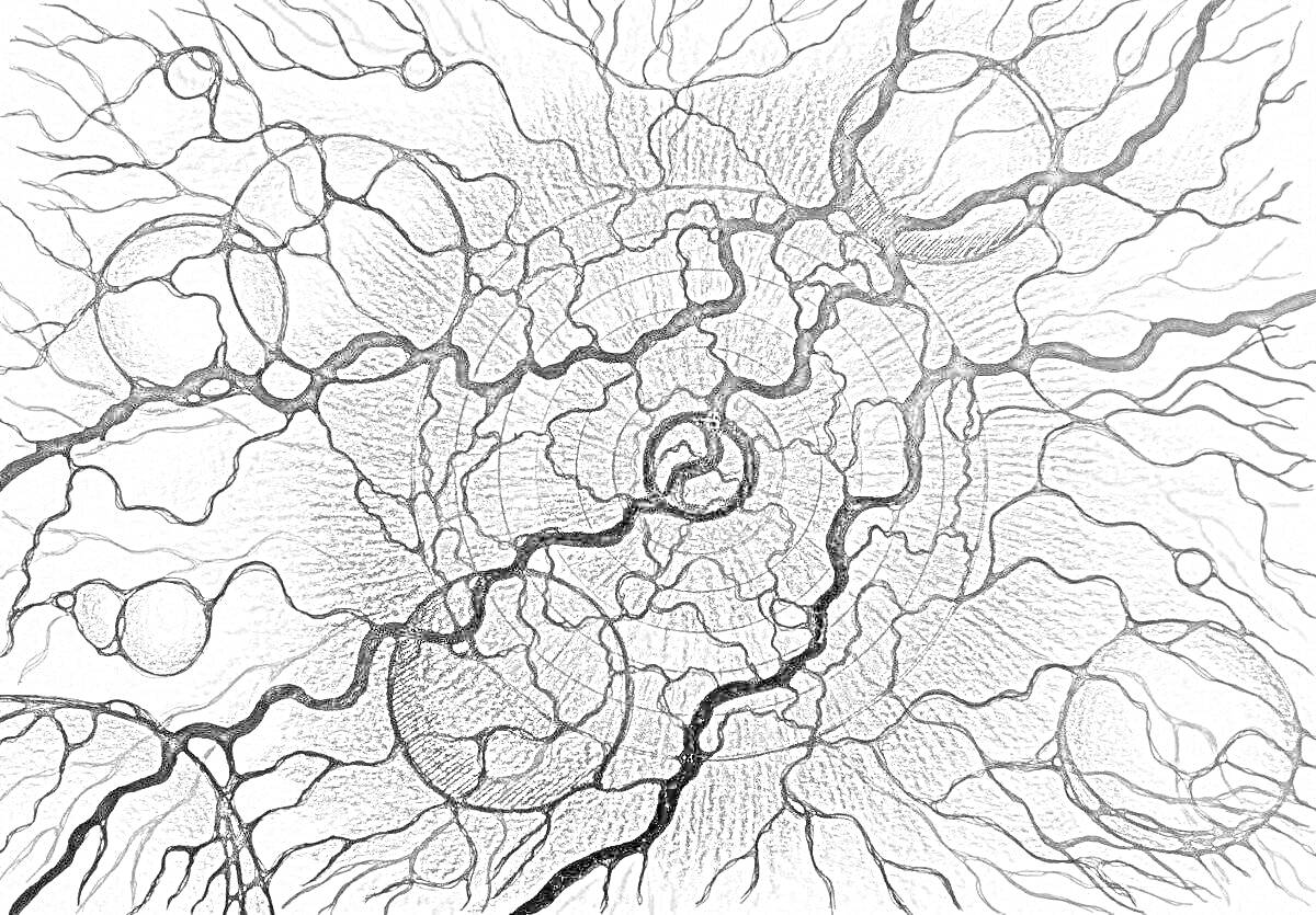 На раскраске изображено: Нейрографика, Абстракция, Линии, Круги, Пересечения, Арт-терапия, Узоры, Творчество