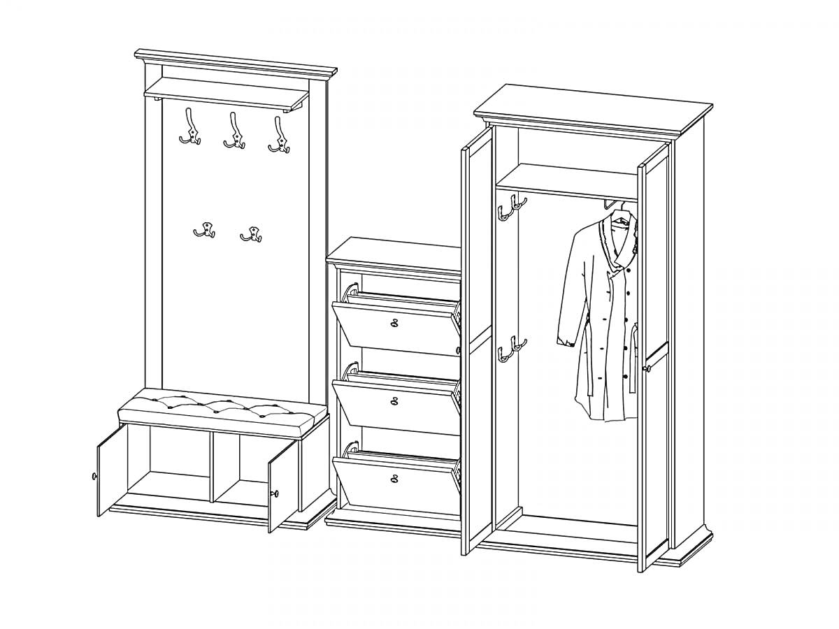 Раскраска Шкаф с вешалками, ящиками и местом для сидения, с полкой и висящим пальто