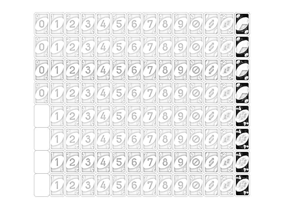 Раскраска Чёрно-белая раскраска - игровая карта УНО с номерами от 0 до 9, символами пропуска хода, смены направления, вытягивания двух карт, выбора цвета и вытягивания четырёх карт