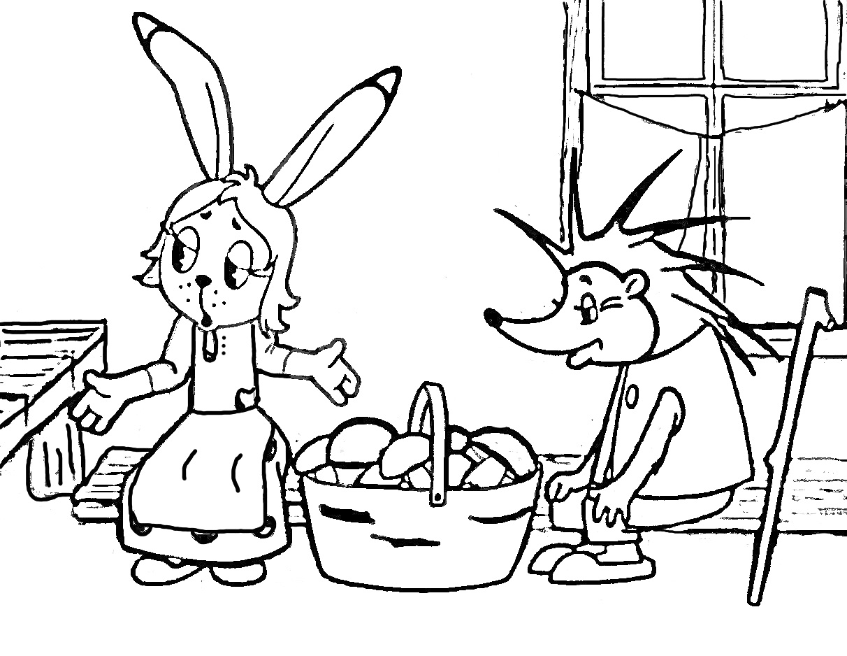 Раскраска Кролик и ежик, корзина с яблоками, деревянный стол, окно