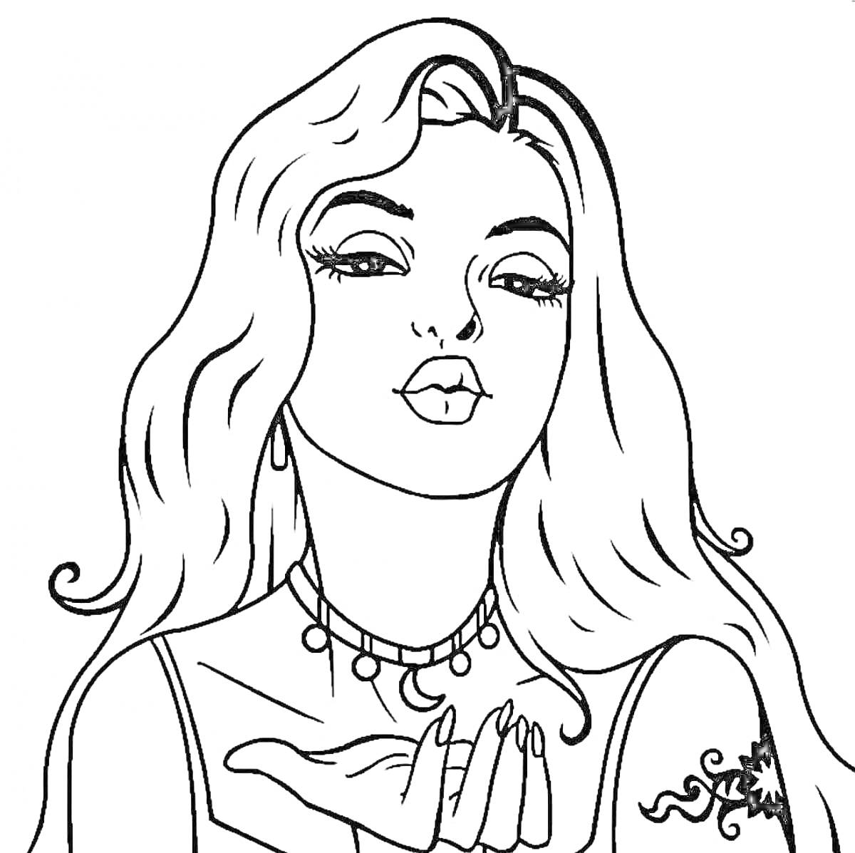 Раскраска Женщина с длинными волосами, ожерельем и татуировкой на руке, делающая жест поцелуя