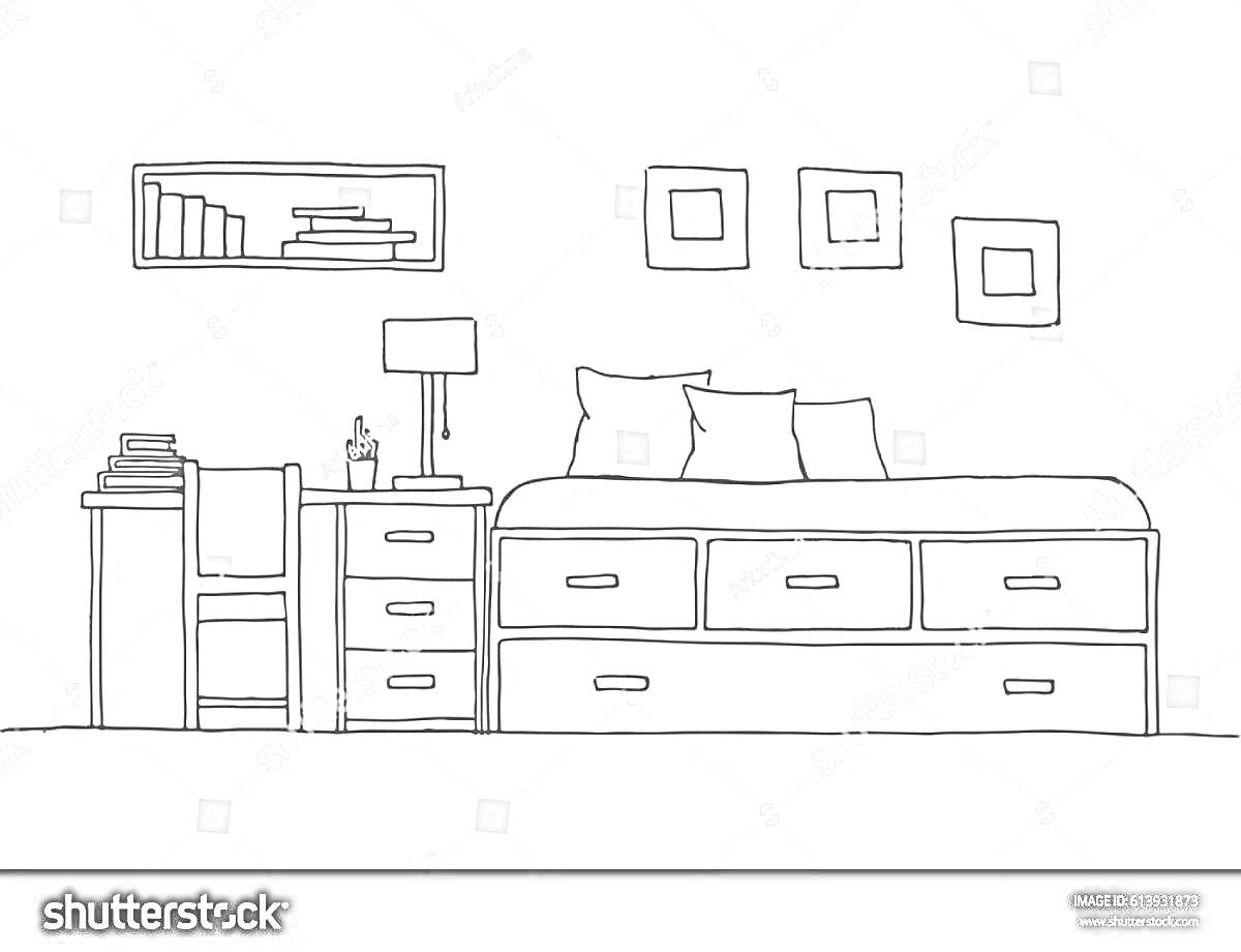 На раскраске изображено: Спальня, Тумба, Настольная лампа, Полотенце, Полки