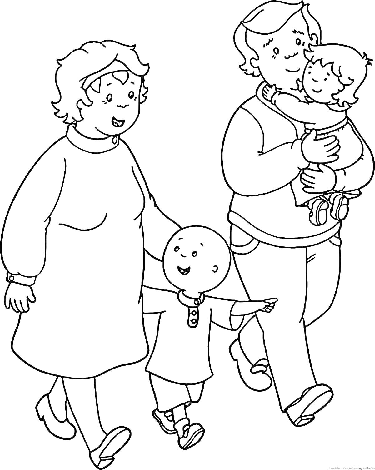 Раскраска Семья из четырех человек на прогулке - мужчина с ребенком на руках, женщина с ребенком за руку