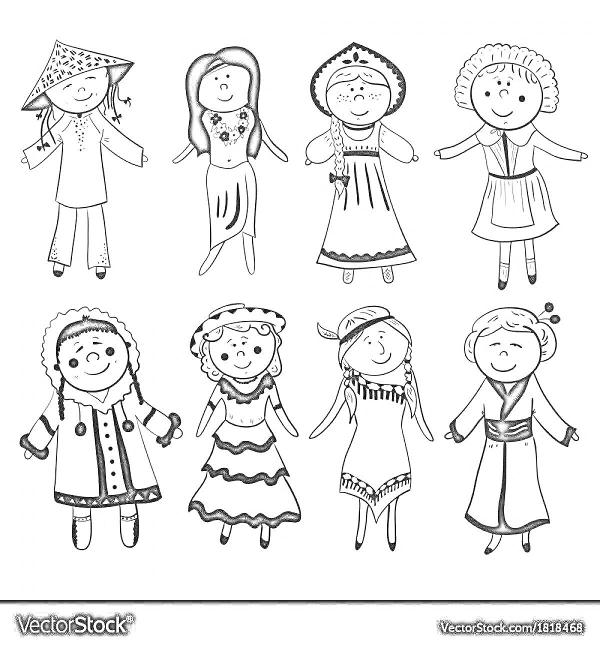 На раскраске изображено: Национальные костюмы, Традиционная одежда, Платье, Кимоно, Для детей, Головные уборы