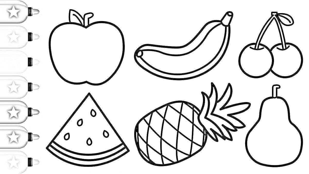Раскраска Яблоко, банан, вишня, ломтик арбуза, ананас, груша