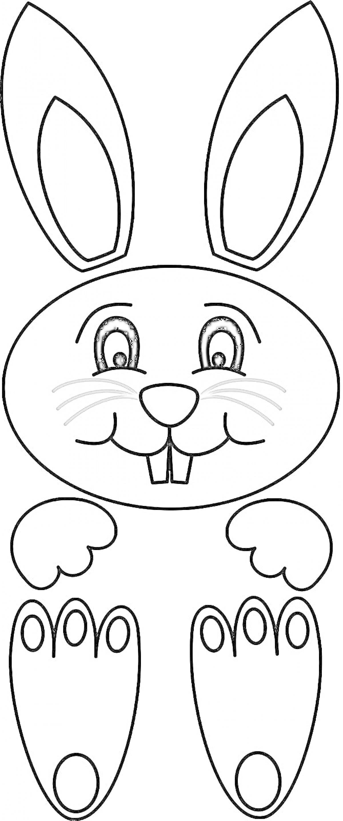 На раскраске изображено: Заяц, Лицо, Уши, Глаза, Нос, Усы, Лапы, Зубы, Для детей, Животное