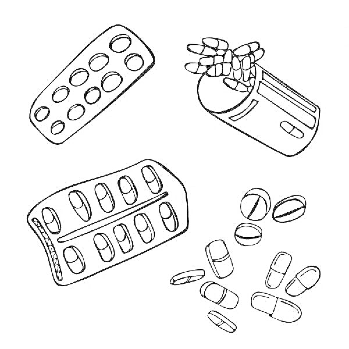 Раскраска Блистерные упаковки таблеток, таблетки и капсулы, выпавшие из банки.