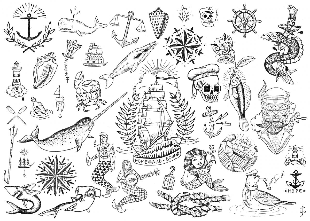 Раскраска Старинные морские татуировки - корабль, русалки, якоря, компасы, рыбы, череп, моряк, морские существа, маяк, ракушки, гарпун, канаты, звезда, птица