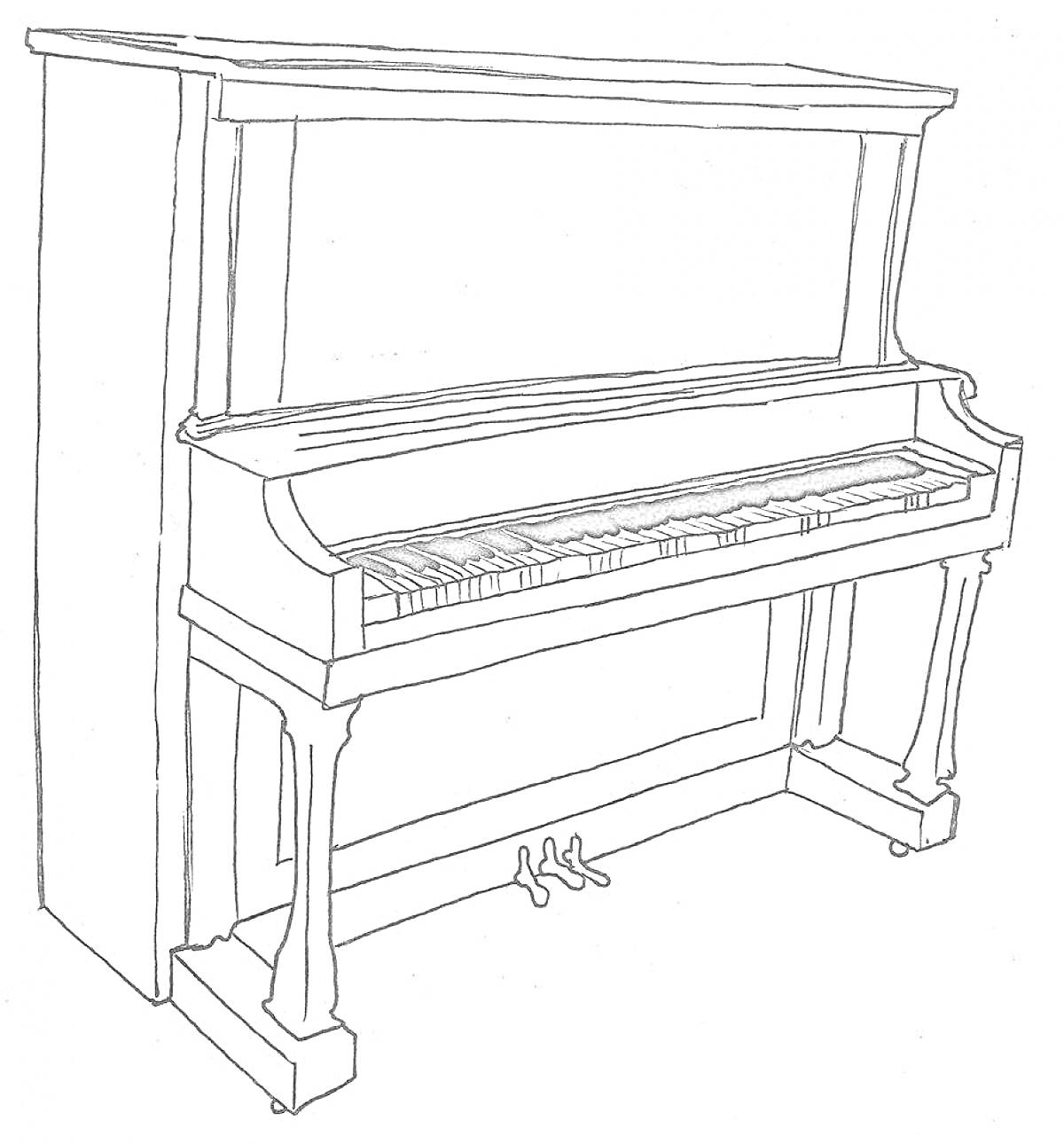 Раскраска Фортепиано с крышкой, клавишами и педалями
