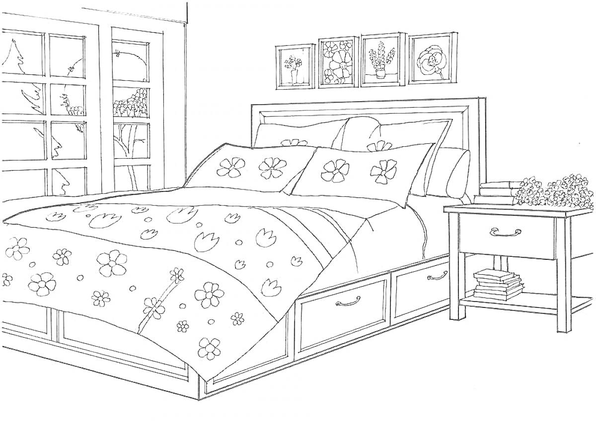 Раскраска Спальня с кроватью, прикроватной тумбочкой и картинами на стене