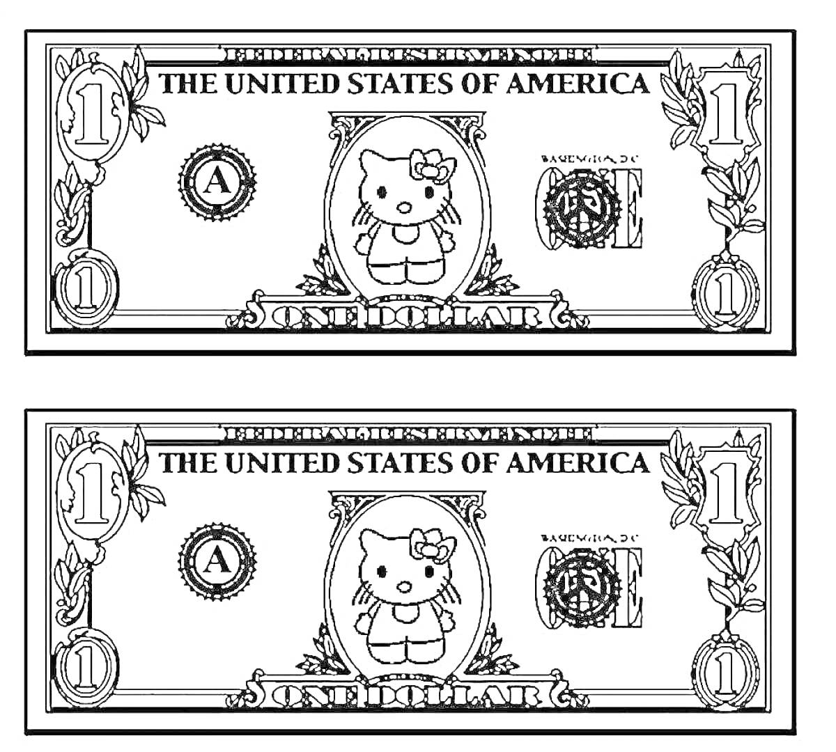 Раскраска Два бумажных доллара со значком 