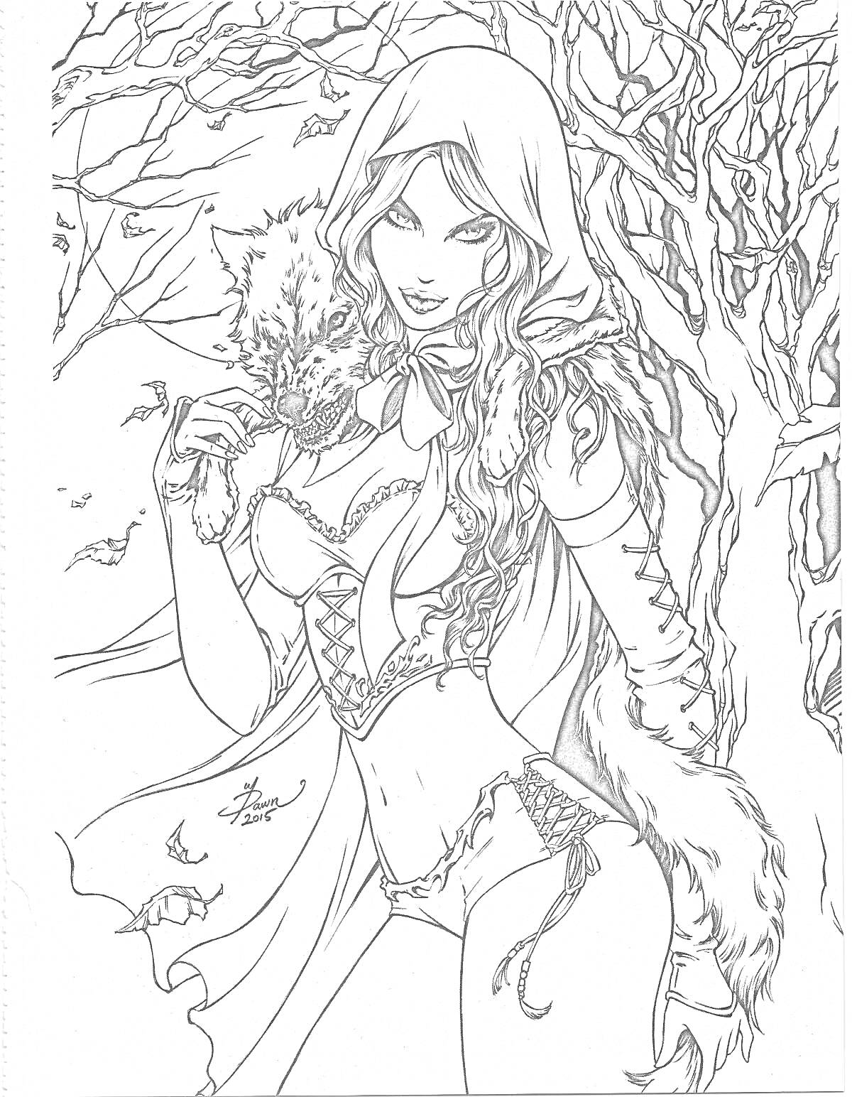 Раскраска Фэнтези девушка в капюшоне с волком в зимнем лесу