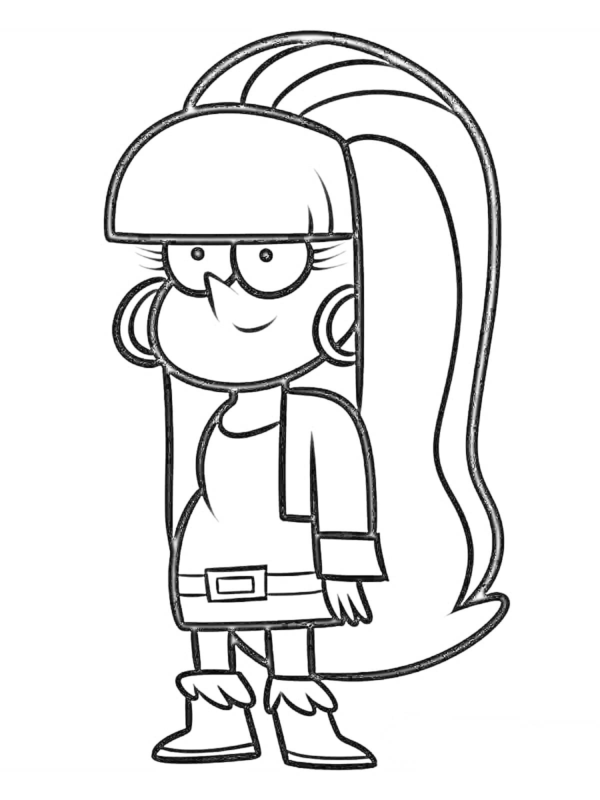 Раскраска Девочка с длинными волосами, в очках и серьгах-кольцах, стоит в длинном свитере с ремнем и сапогах