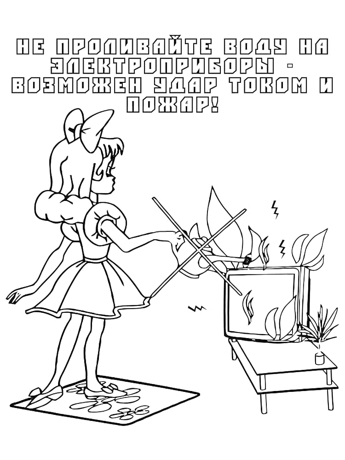 Раскраска Девочка проливает воду на телевизор с удлинителем, возникает угроза удара током и пожара