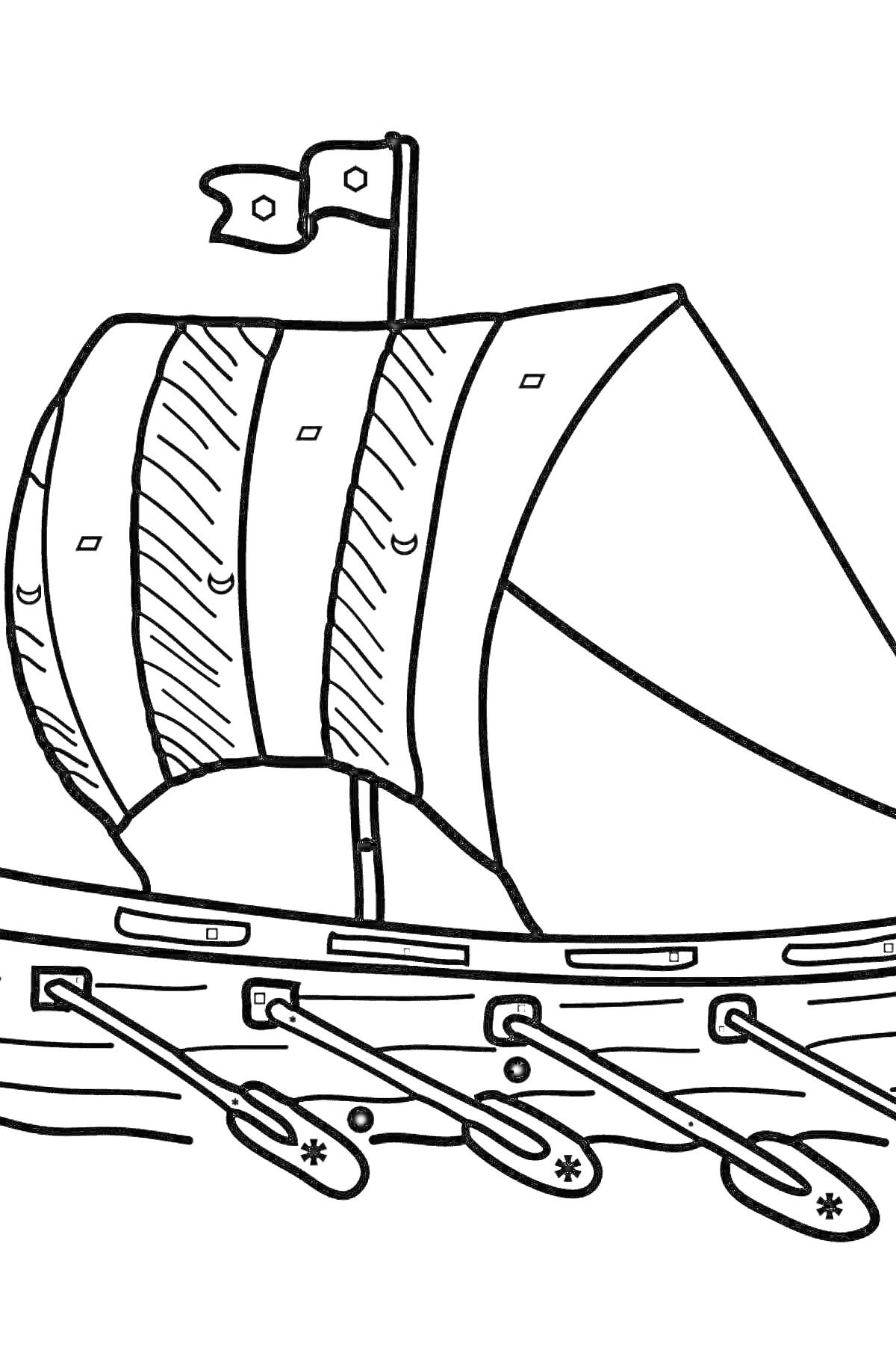 На раскраске изображено: Парусное судно, Весла, Вода, Корабль, Море, Флаг, Паруса
