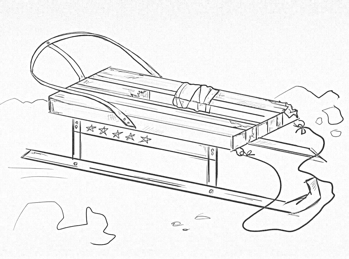 Раскраска Санки в снегу со звездочками и веревкой