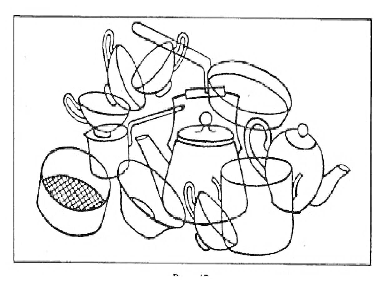 Раскраска Кухонная утварь: чашки, половник, дуршлаг, кастрюля, чайник, ковш, турка