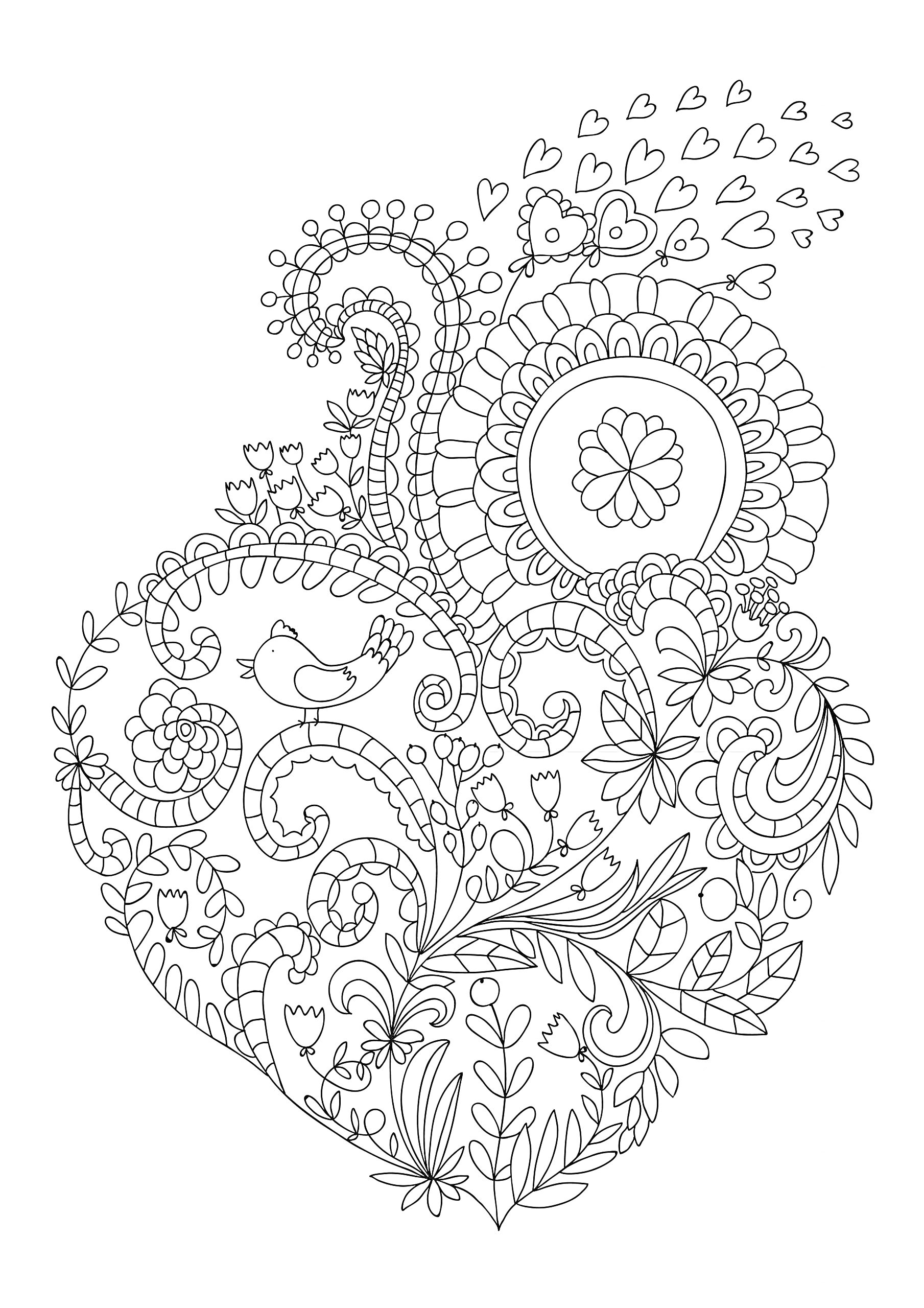 На раскраске изображено: Антистресс, Цветы, Узоры, Листья, Природа, Птица, Девочка, Сердца