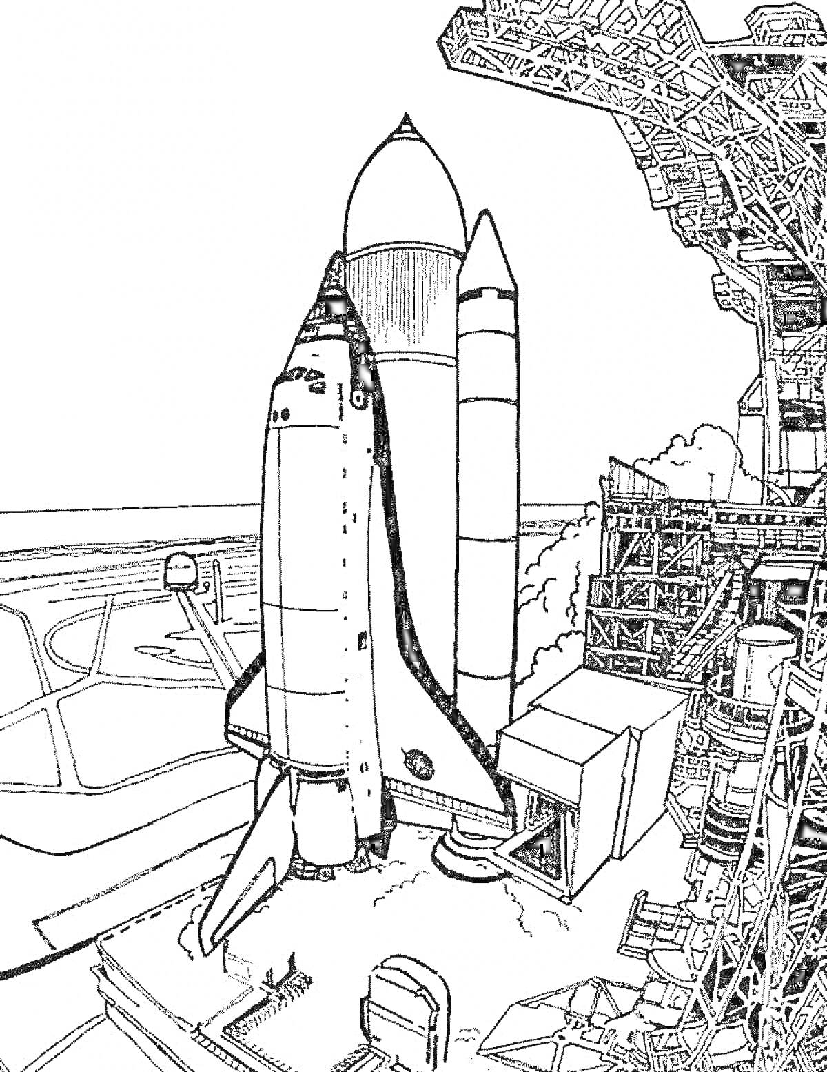 Раскраска Космическая станция с шаттлом и стартовой площадкой, ракета-носитель и вспомогательные конструкции