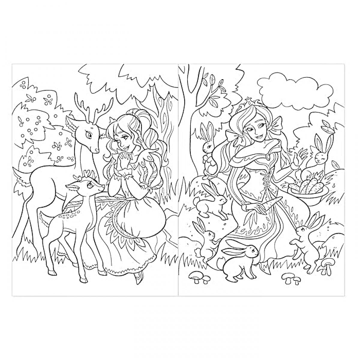 Раскраска Девушки в лесу с ланями, кроликами, птицами и бабочками