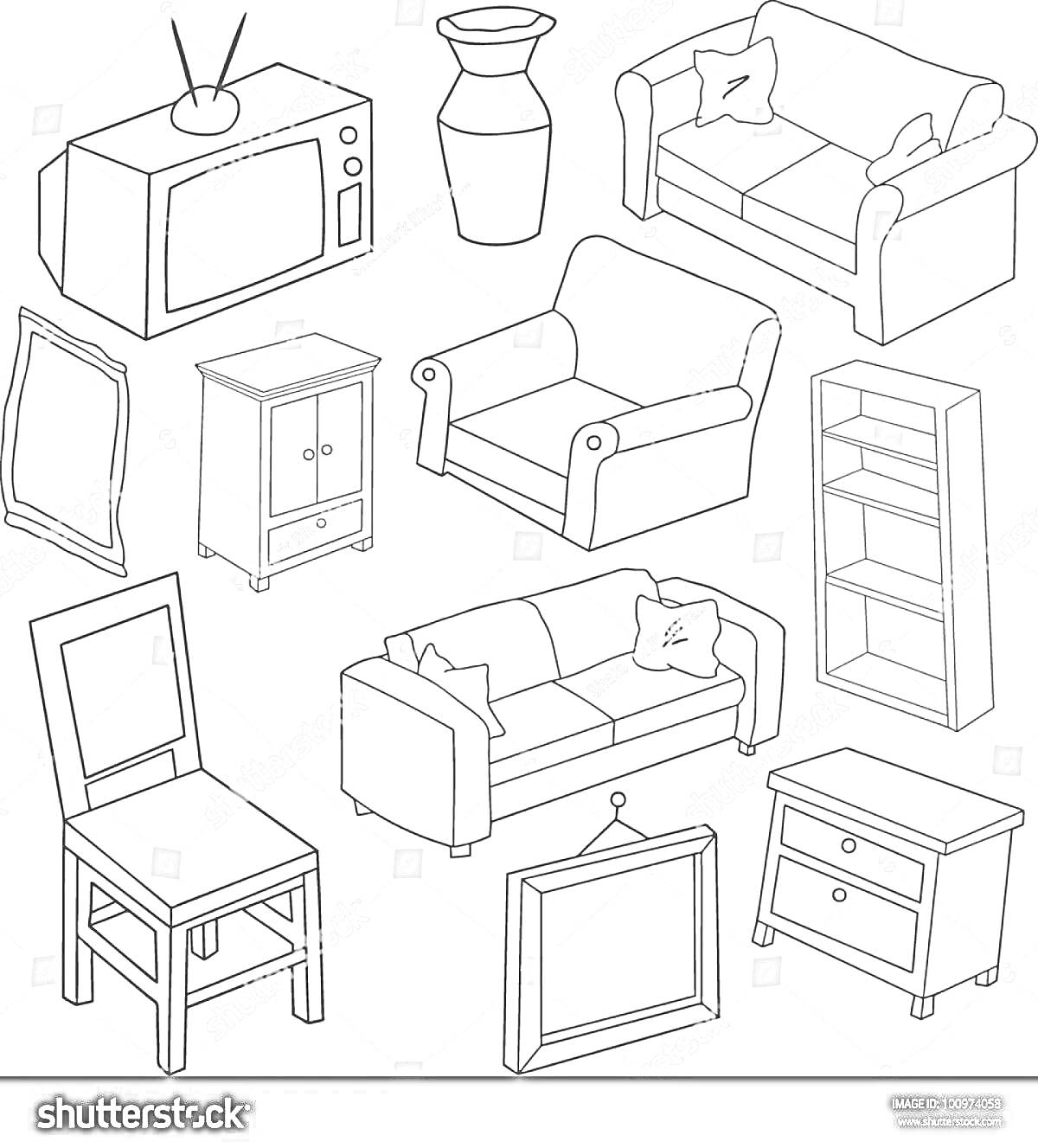 На раскраске изображено: Мебель, Диван, Кресло, Телевизор, Шкаф, Книжный шкаф, Стул, Ваза
