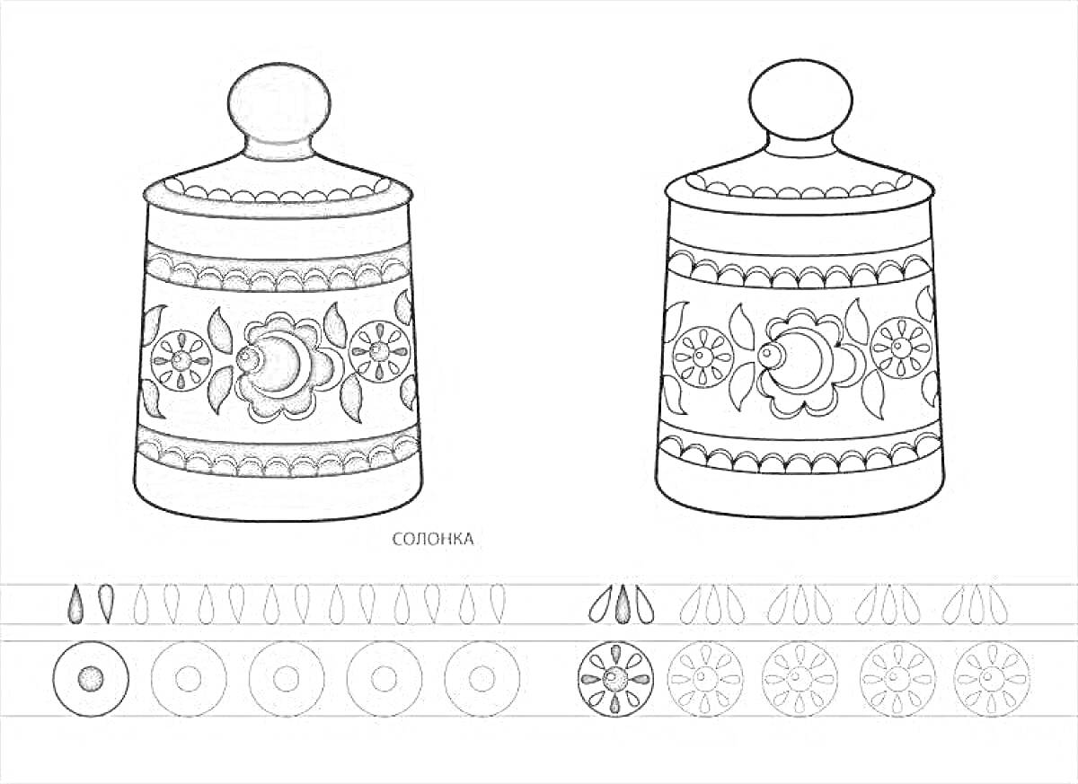 Раскраска Городецкая роспись на солонке с круговыми цветочными и листовыми узорами