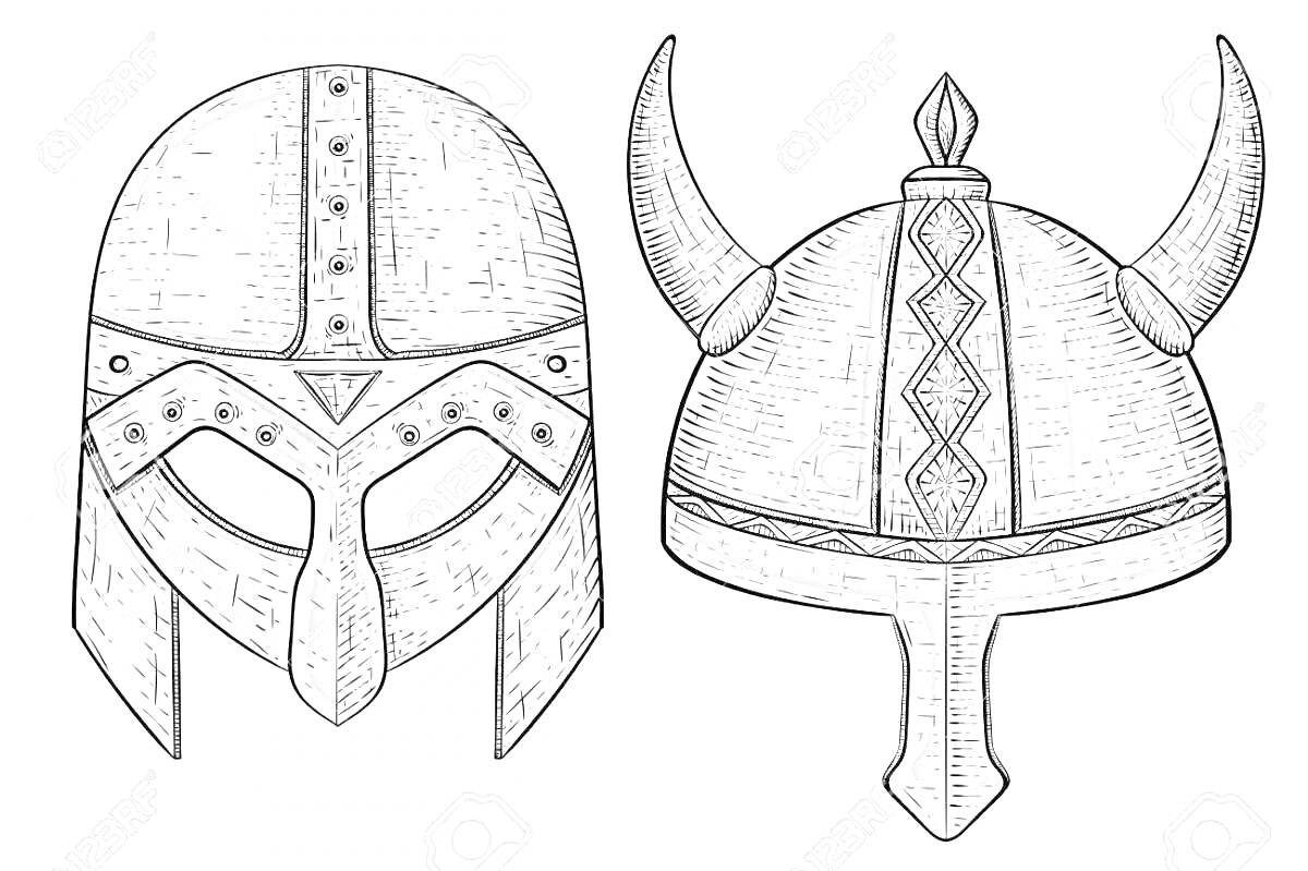 Раскраска Шлемы богатырей с защитой для лица и рогами
