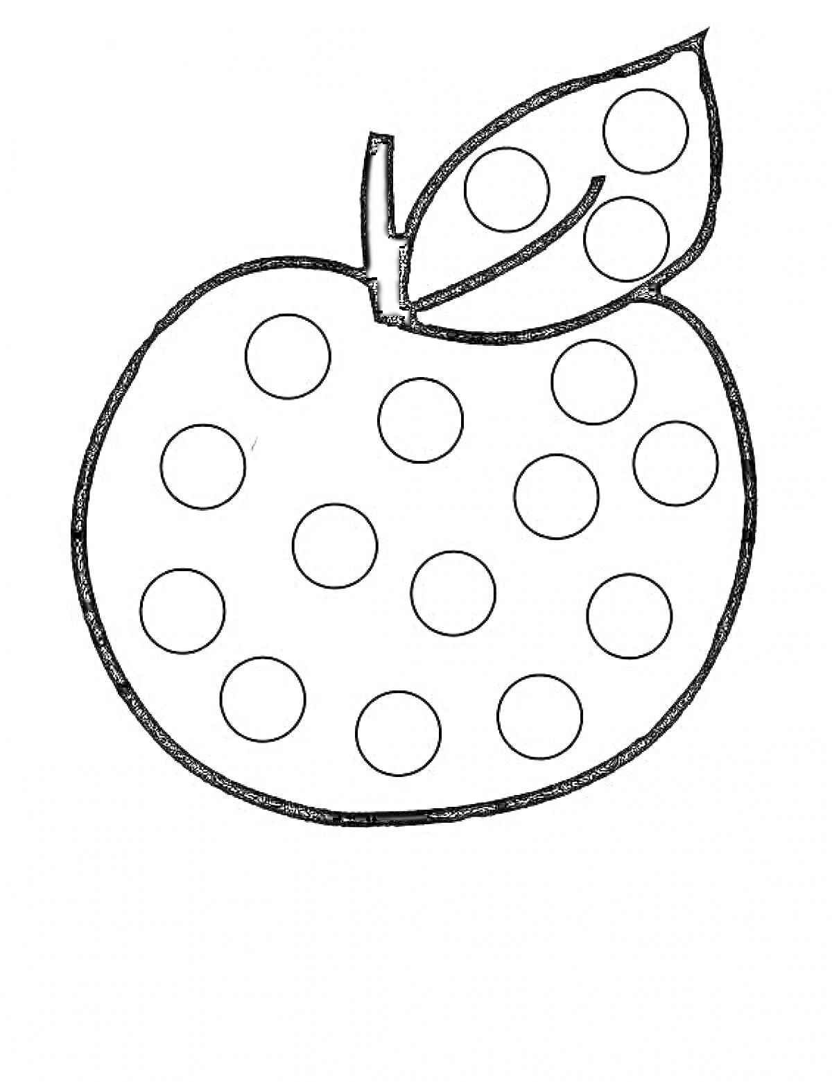 Раскраска Яблоко с листом, круги для пальчиков на яблоке и листе