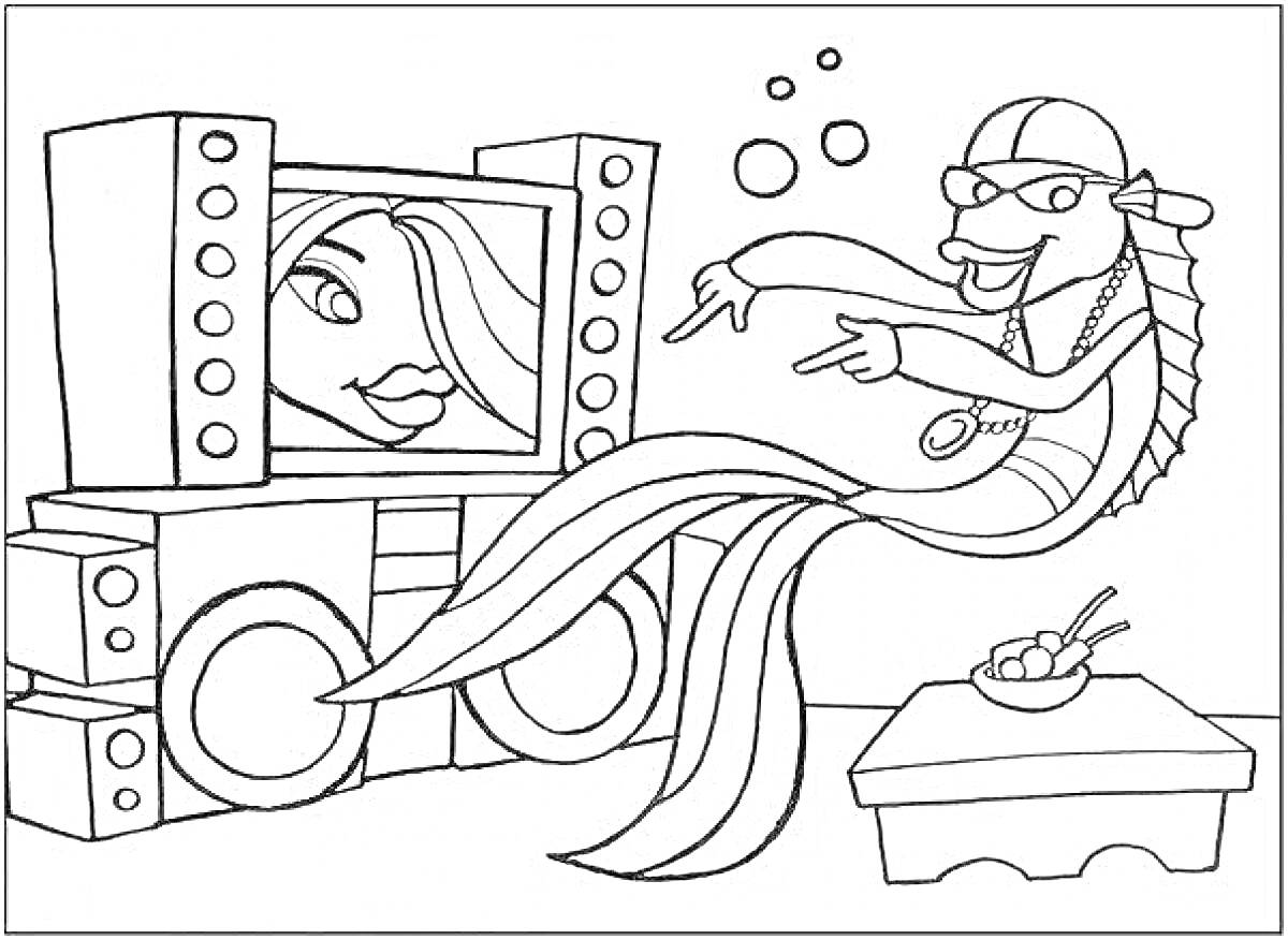 На раскраске изображено: Рыба, Цепь, Телевизор, Экран, Женщина, Стол, Еда, Динамики, Ералаш