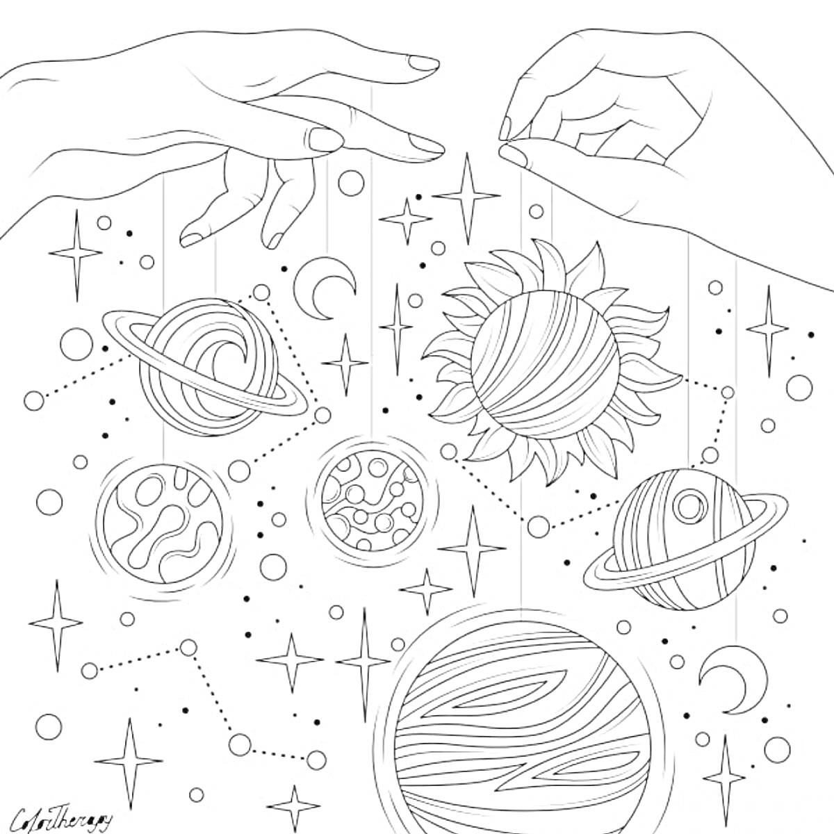 Раскраска Руководство планетами - руки, висящие планеты, звезды и космос