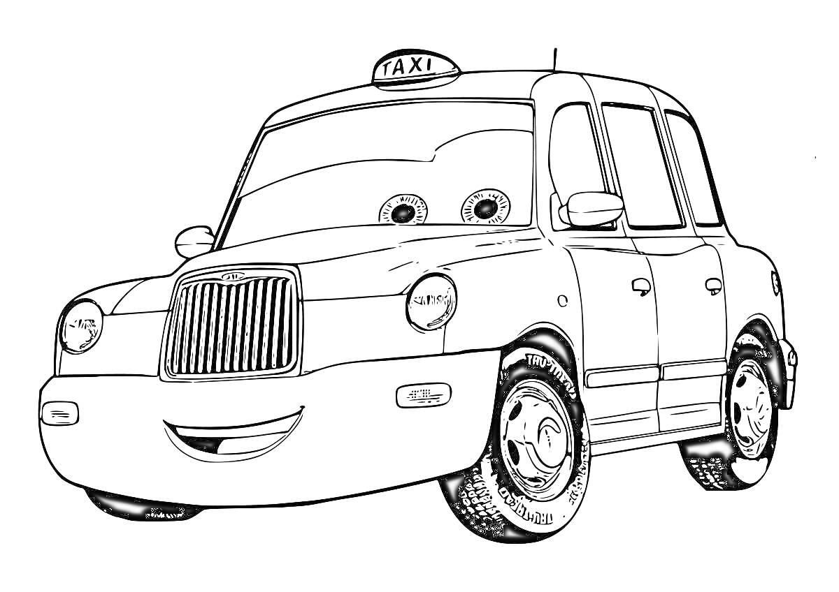 Раскраска Машинка с улыбающимся лицом в виде такси с надписью 