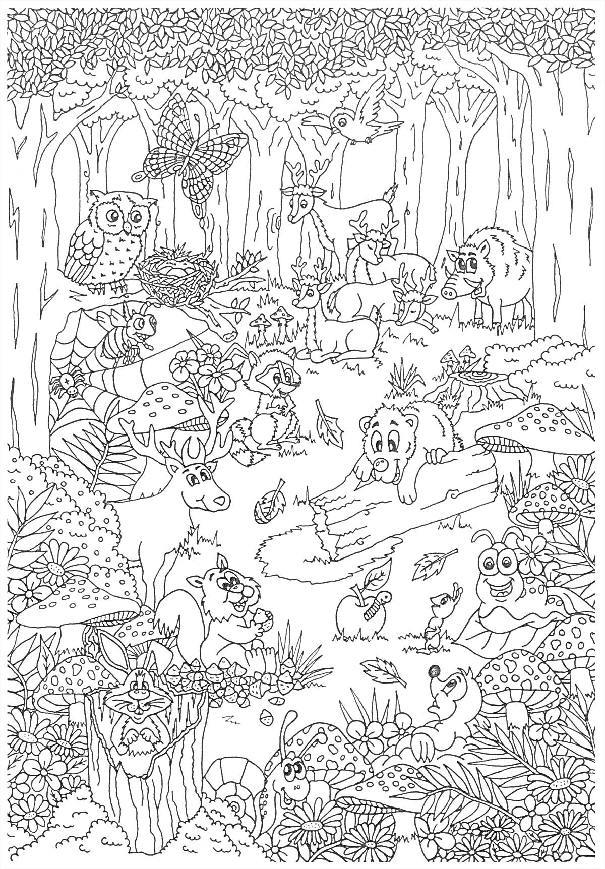 На раскраске изображено: Лес, Животные, Сова, Олень, Медведь, Зайцы, Еж, Улитка, Листья, Деревья, Грибы, Паутина