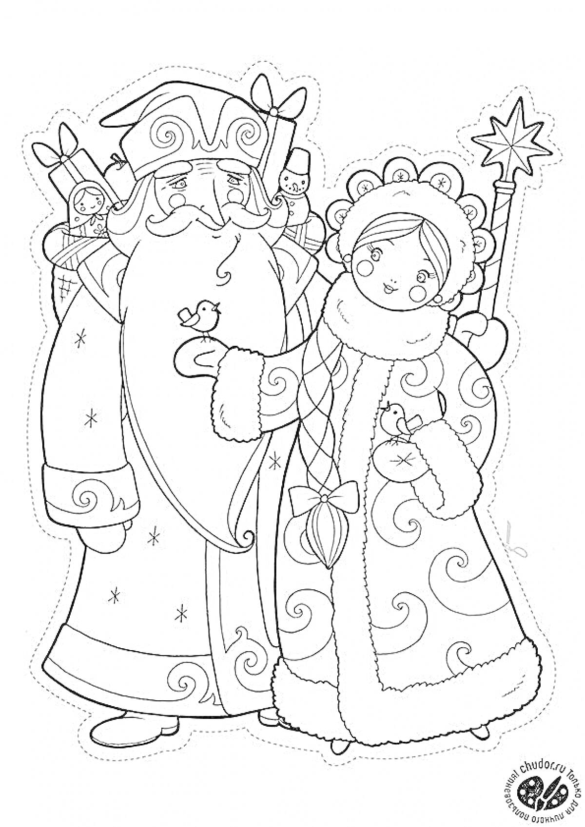 Раскраска Дедушка Мороз и Снегурочка с подарками и птицей