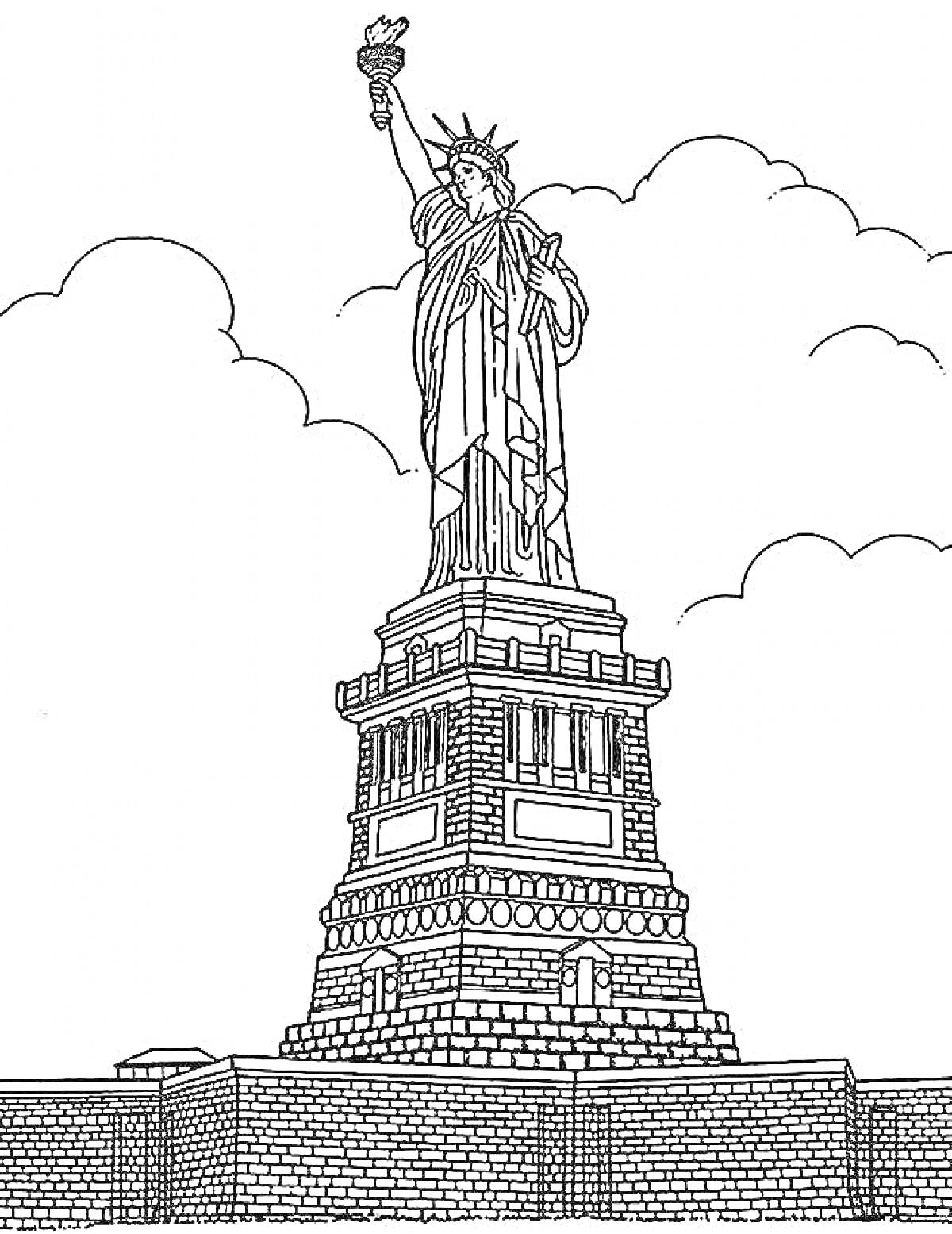 На раскраске изображено: Статуя Свободы, Пьедестал, Облака, Достопримечательности, Нью-Йорк, США, Архитектура