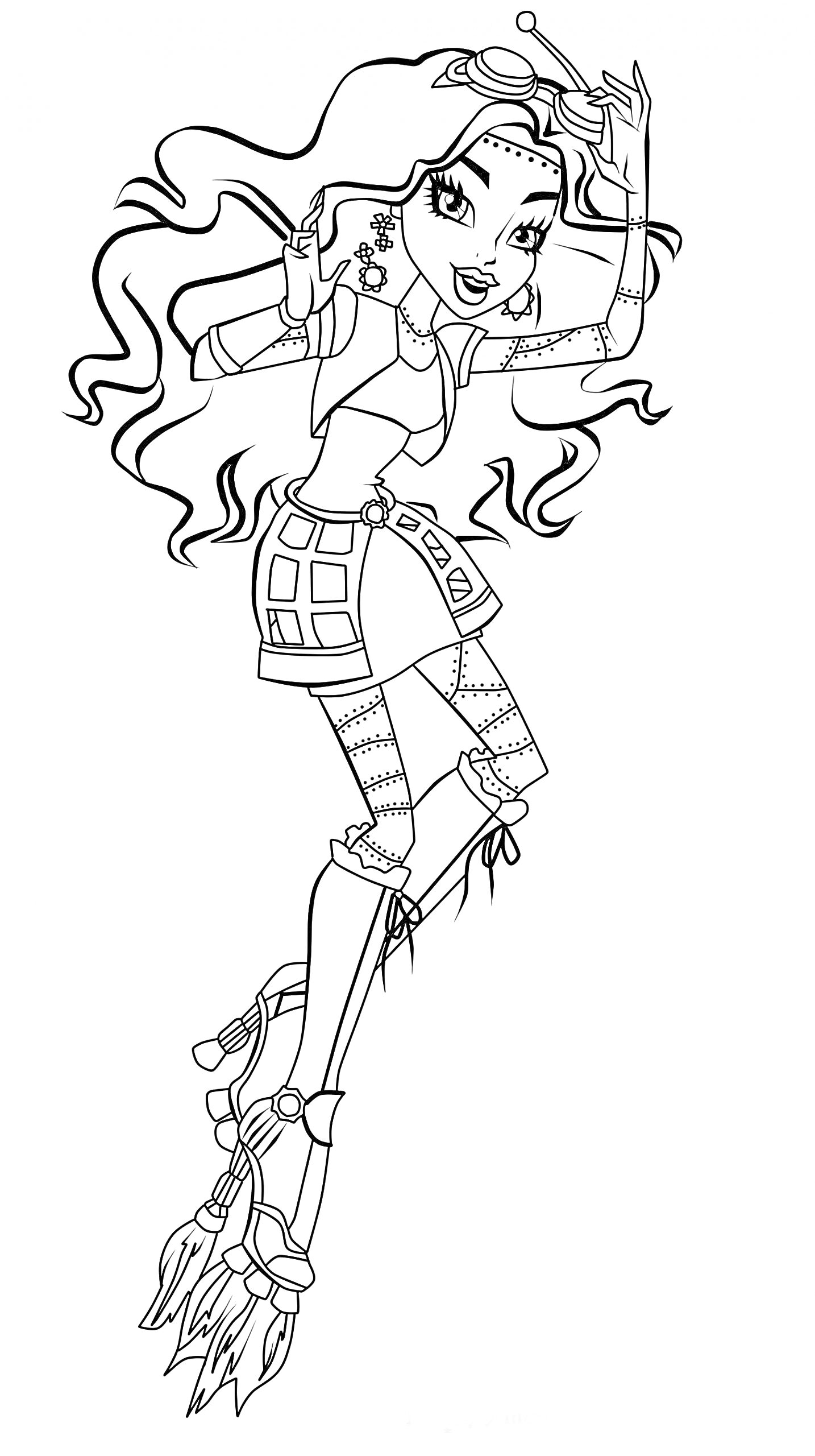 Раскраска Девочка с длинными волнистыми волосами в костюме с элементами шестеренок и патчей, прыгающая с реактивными ботинками.