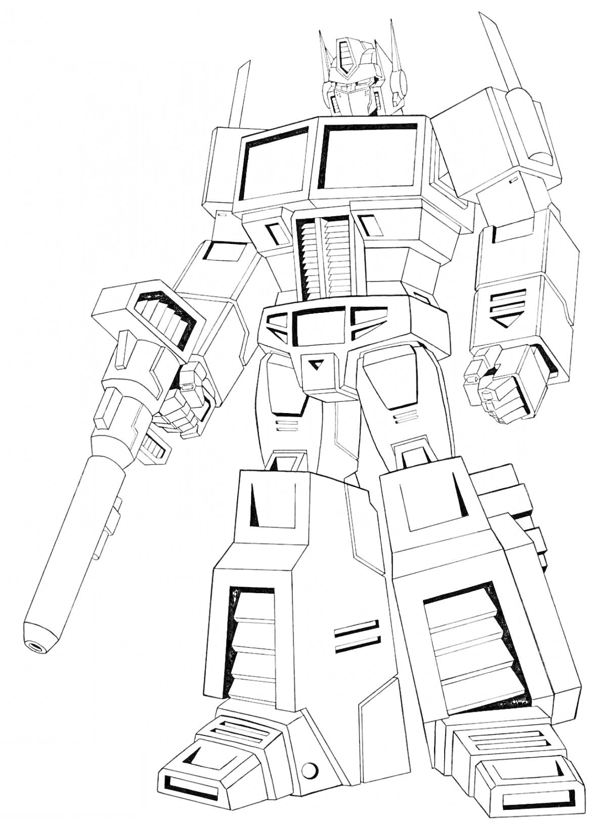 На раскраске изображено: Оптимус Прайм, Робот, Пушка, Техника
