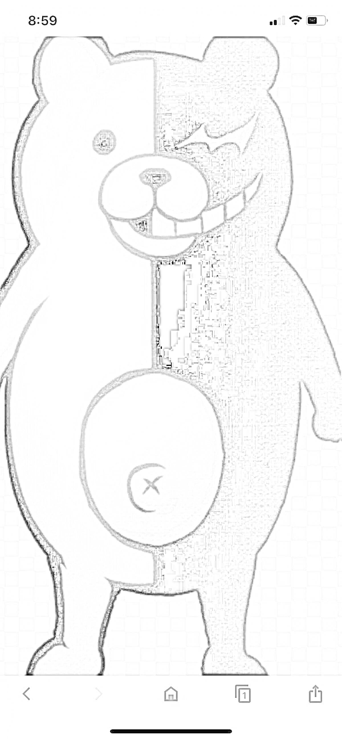 Раскраска Монокума - черно-белый медведь с контрастными половинками тела, одна половина злая с красным глазом и улыбкой, другая добрая