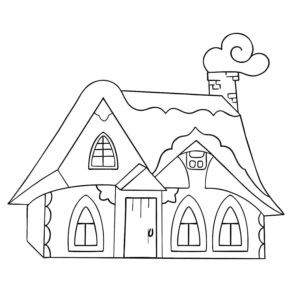 На раскраске изображено: Изба, Дом, Дверь, Дымоход, Крыша, Сказочный домик