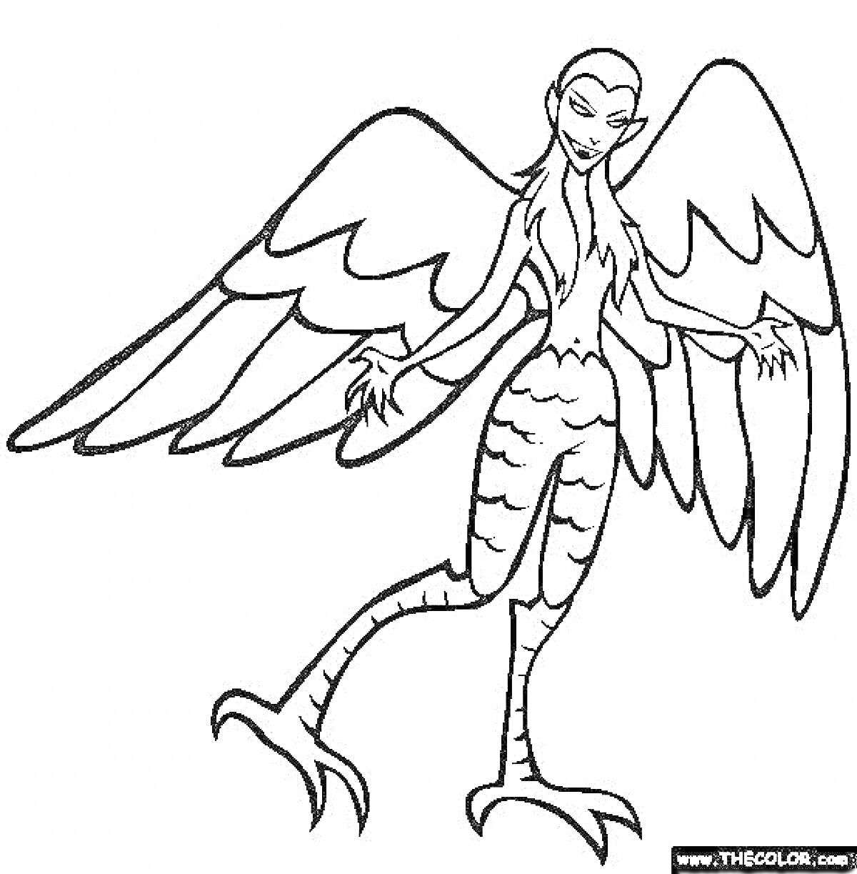 На раскраске изображено: Сирена, Крылья, Хвост, Когти, Мифические существа